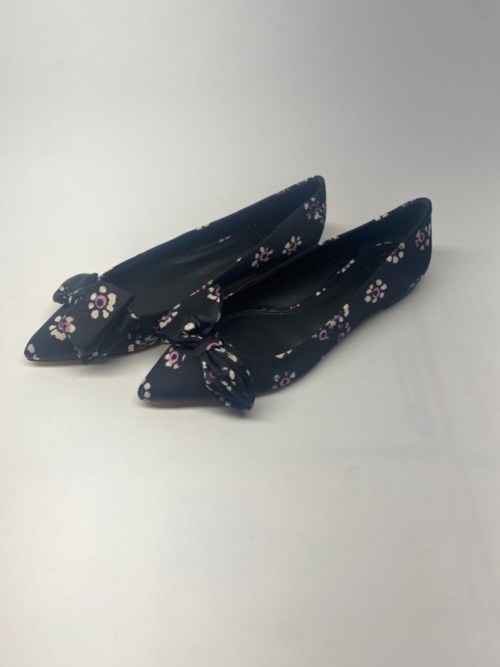 Tory Burch Rosalind Ballet Flat Stamped Satin Color Black Stamped Floral Sz 6